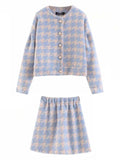 Women's 2Pcs Trendy Houndstooth Pattern Single Breasted Top & Mini Skirt Set
