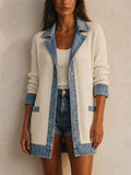 Womens Denim Patchwork Ribbed Knit Long Sleeve Casual Jacket