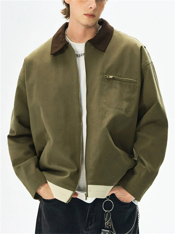 Men's Autumn Color Block Vintage Lapel Zipper Jackets with Pockets