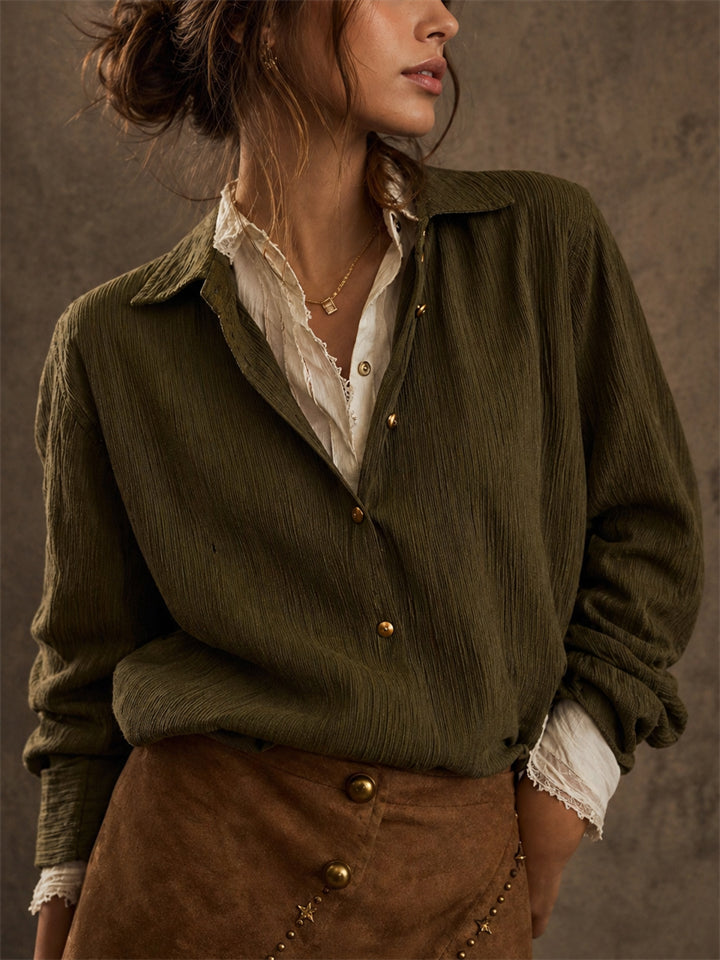 Women Olive Green Patchwork Textured Button Down Long Sleeve Shirt