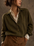 Women Olive Green Patchwork Textured Button Down Long Sleeve Shirt