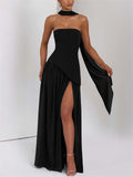 Women's Trendy Solid Color Strapless High Split Evening Dress