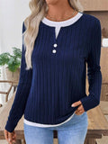 Women Simple Pullover Patchwork Collar Long Sleeve Knit Top