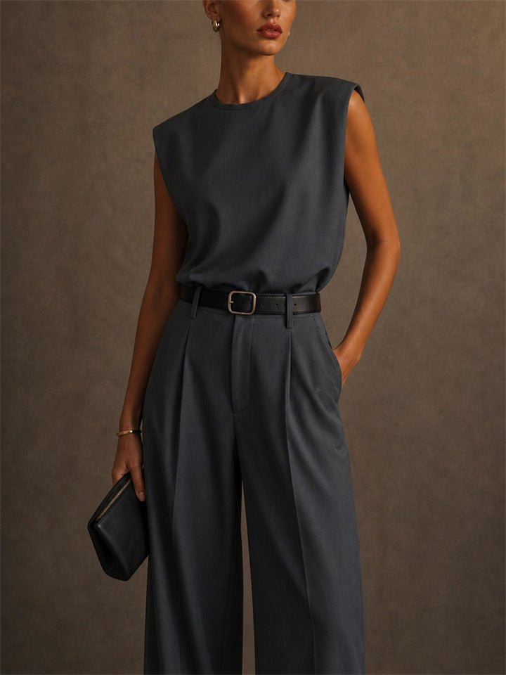 Womens Grey 2 Piece Shoulder Pad Top and Wide Leg Trousers Set