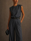 Womens Grey 2 Piece Shoulder Pad Top and Wide Leg Trousers Set
