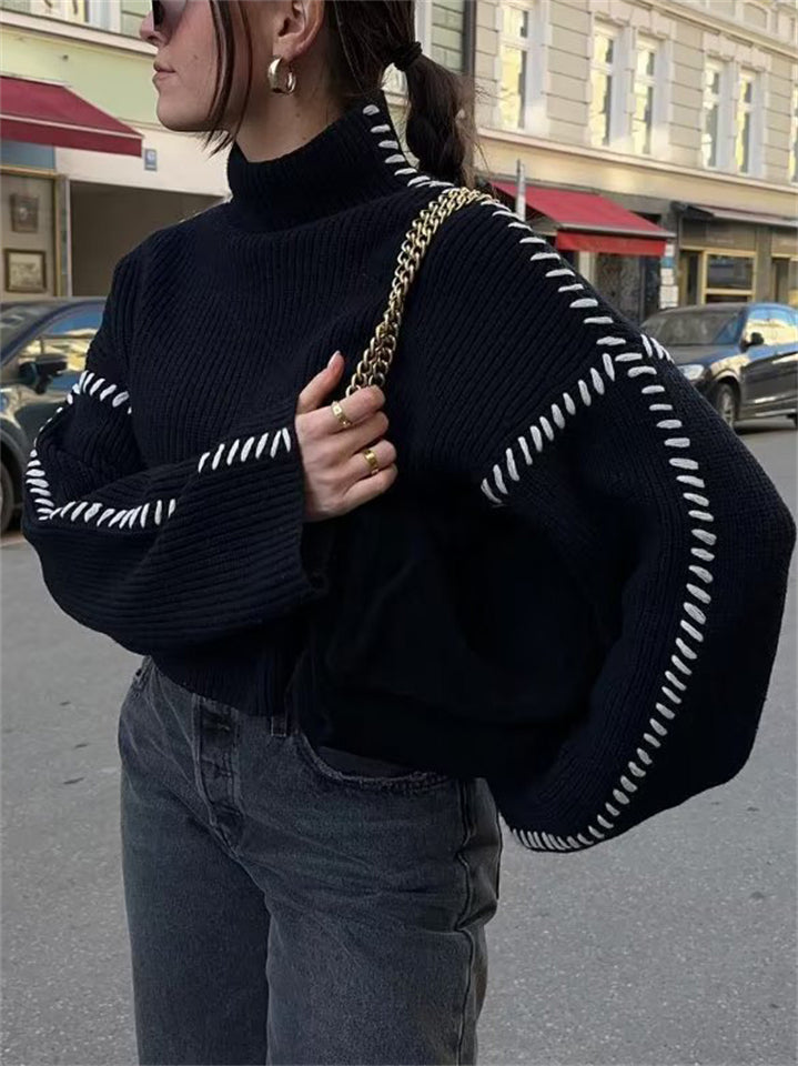 Women's Trendy Contrast Color Round High Neck Sweater