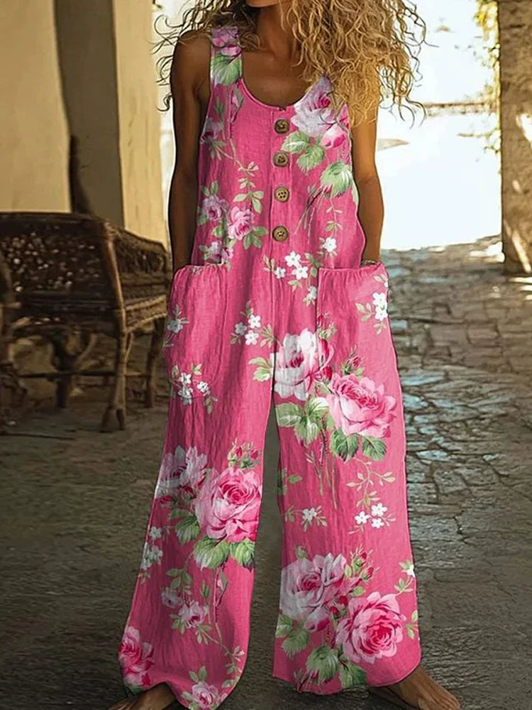Women's Summer Casual Floral  Printed Pockets Sleeveless Jumpsuits