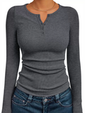 Women's Solid Color Striped Buttons Pullover Slim-fit Long Sleeve Shirts