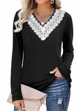 Women's Elegant White Lace V Neck  Solid Color Long Sleeve Shirt