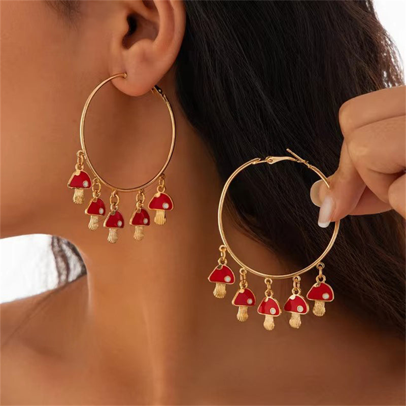 Cute Mushroom & Cherry Forest Holiday Hoop Earrings for Women
