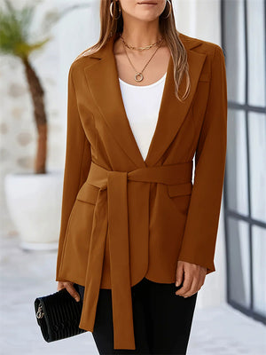 Women's Trendy Brown Solid Colors Lapel Tie Waist Suit Coat