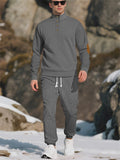 Men's Casual Contrast Color Texture Jacquard Drawstring Sweatshirts & Sweatpants Outfit