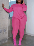 Plus Size Women's Simple Plain Color Long Sleeve Top Tight Pants Set
