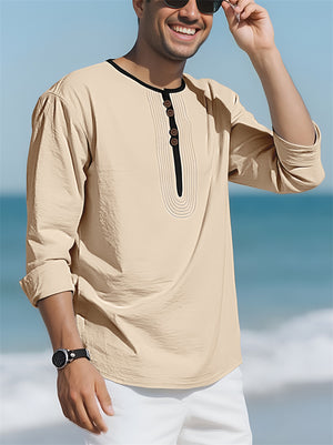 Men's Contrast Trim Cotton Linen Casual Long-sleeved Henry Shirts