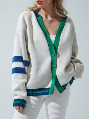 Chic V Neck Button Up Loose Stripe Sweater for Women