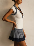 Womens Navy Striped Polo Tennis Dress Pleated Ruffle Mini Dress