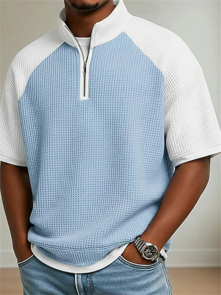 Mens Short Sleeve Quarter Zip Color Block Waffle Textured Knit Top