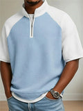 Mens Short Sleeve Quarter Zip Color Block Waffle Textured Knit Top