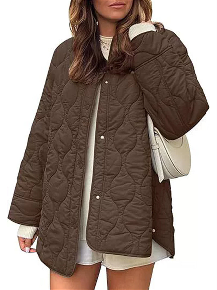 Women's Autumn Solid Color Round Neck Loose Quilted Coats