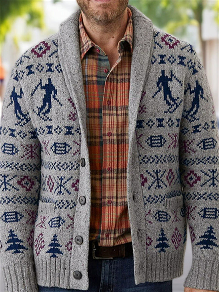 Men's Winter Gray Jacquard Single Breasted Lapel Long Sleeve Sweaters