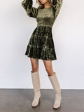 Women's Elegant Velvet Ruffle Round Neck Balloon Sleeve Dress