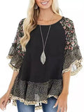 Women's Summer Casual Floral Print Patchwork BatWing Sleeve Shirts
