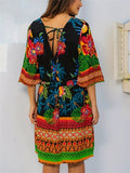 Women's Summer Ethnic Style Print Contrast Color V Neck Knee Length Dress