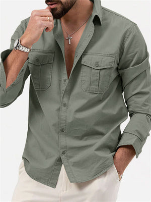 Autumn Long Sleeve Lapel Collar Chest Pocket Male Shirt