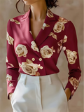 Women's V-Neck French Style Double Breasted Floral Print Lapel Blouses