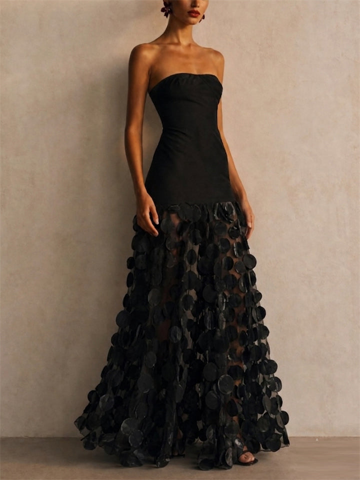 Women Strapless Black Evening Gown Sheer Mesh Circle Dress