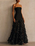 Women Strapless Black Evening Gown Sheer Mesh Circle Dress