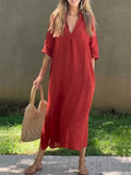 Ladies Casual Side Slit V-Neck 3/4 Sleeve Plain Dresses
