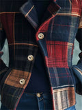 Women's Autumn Retro Color Block Plaid Stand Collar Single Breasted Coats