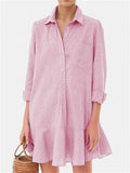 Women's Cotton Solid Color Pockets Long Sleeve Ruffled Hem Blouses