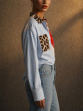 Womens Stripe Leopard FloralMixed Print Button Down Shirt