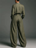 Women's Vintage Casual Green Loose Fit Shirt and High Waist Wide Leg Pants Set