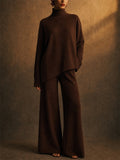 Women Knit Turtleneck Asymmetric Wide Leg Pants 2 Piece Set