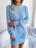 ‌Women's Hollow Out Knitted Sweater Dress with Crochet Detail