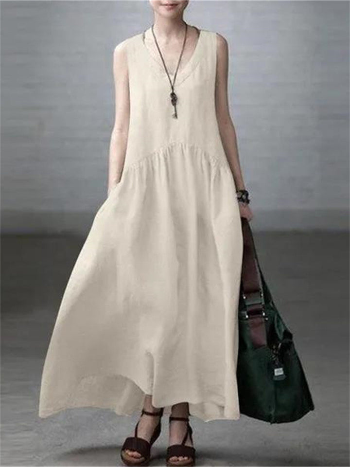 Women's Summer V Neck Pleated Flowy Cotton Linen Tank Dress
