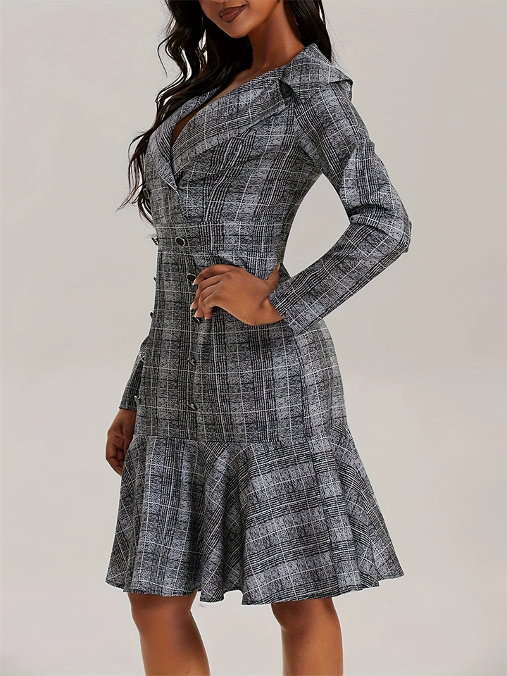 Women's Trendy Plaid Double-breasted Patchwork Ruffled Hem Dress