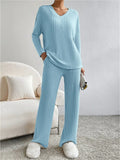 Women's Comfy V Neck Long Sleeve Ribbed Knit Top & Pants Outfits