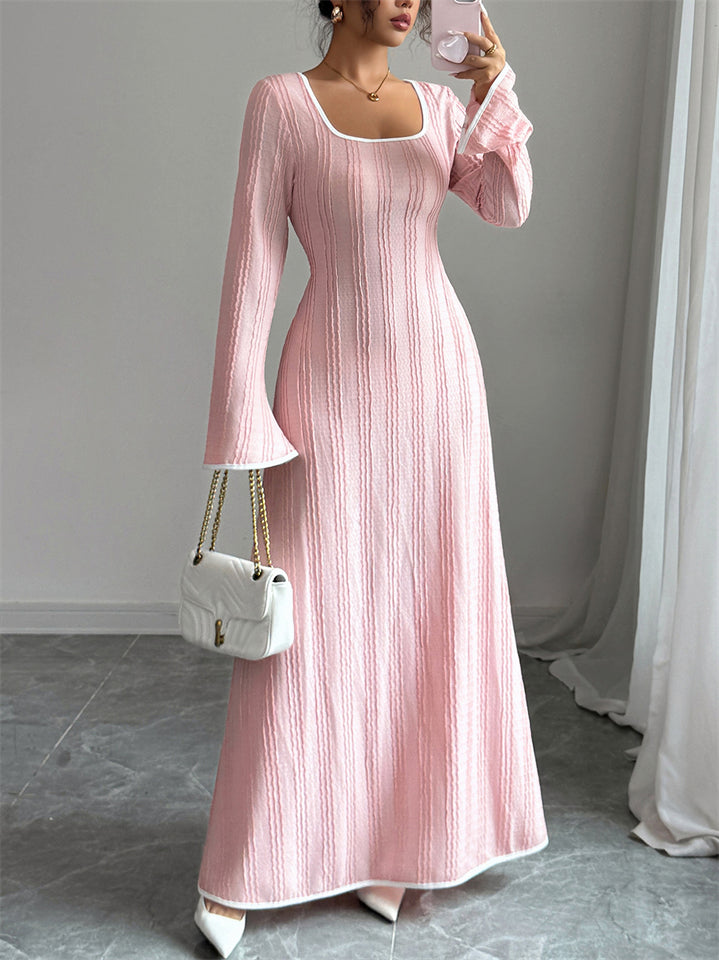Spring Autumn Pink Contrast Trim Long Sleeve Maxi Dress for Women
