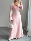 Spring Autumn Pink Contrast Trim Long Sleeve Maxi Dress for Women