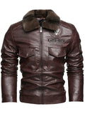 Men's Motorcycle Style Faux Leather Jacket with Faux Fur Collar and Flap Pockets