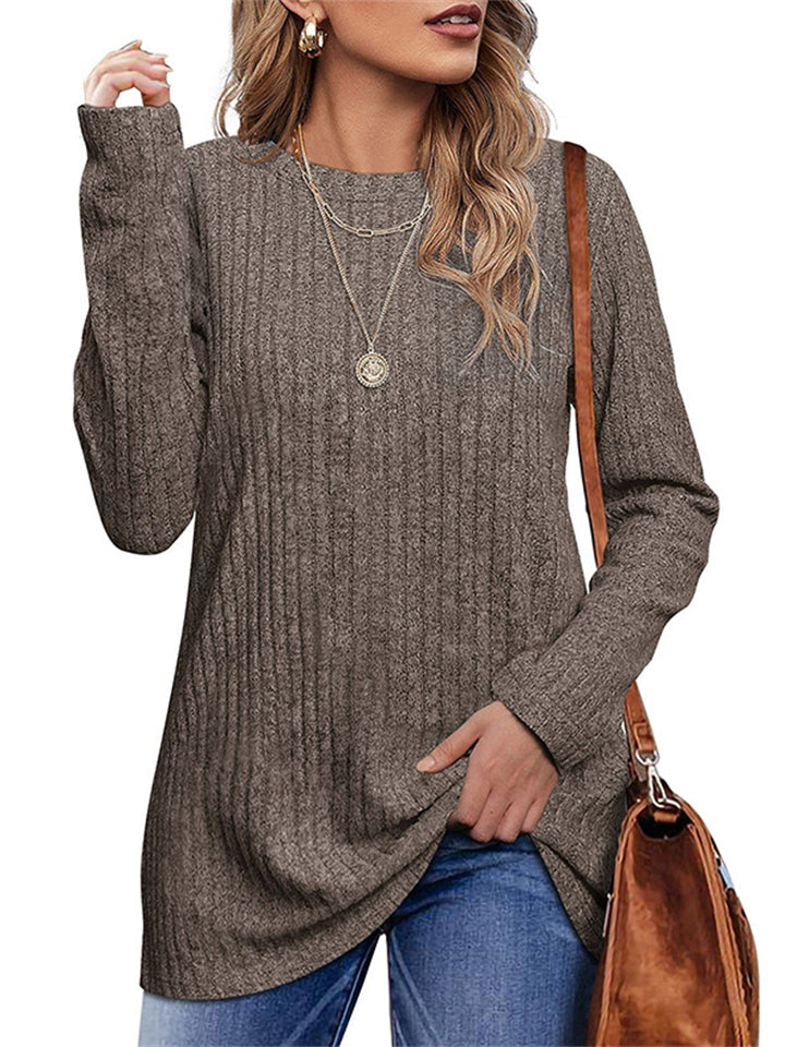 Female Knitwear Solid Ribbed Autumn Winter T-shirts