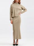 Elegant Crew Neck Knitted Sweater + Side Slit Skirt