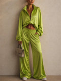 Women 2pcs Trendy Shiny Zip Up Top Wide Leg Pants Tracksuit Set