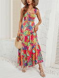 Female Holiday Floral Leaf Print Sleeveless Pleated Dress