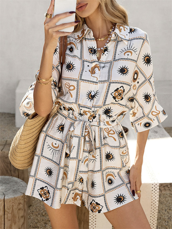 Women's Summer Holiday Style Print Button Up Tie-waist Jumpsuit