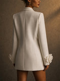 Ladies Elegant White Trendy 3D Flower Long Sleeve Suit Coat